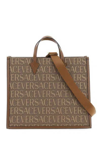 Versace Allover Shopper Bag In Beige,brown