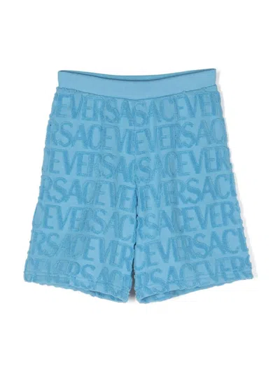 Versace Kids' Logo-jacquard Cotton Shorts In Blue