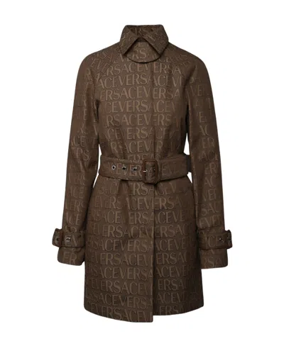 Versace Allover Trench Coat In Brown