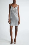 Versace Metallic Short Dress With Draped Neck In Nickel