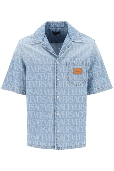 Versace Americana Fit Short Sleeve Denim Shirt In Blu