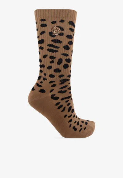 Versace Animal Print Calf-length Socks In Brown