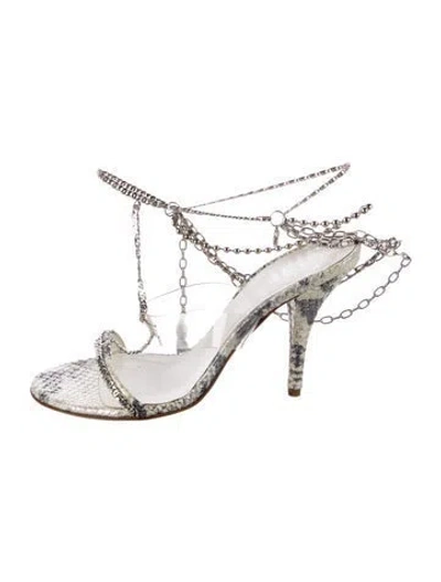 Pre-owned Versace Animal Print Chain-link Accents T-strap Sandals In Silver