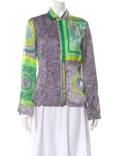 Pre-owned Versace Animal Print Long Sleeve Blouse In Purple