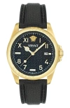 Versace Men's Swiss Black Leather Strap Watch 41mm In Ip Yellow Gold