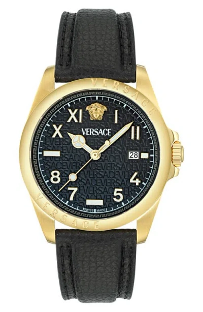 Versace Men's Swiss Black Leather Strap Watch 41mm In Gold