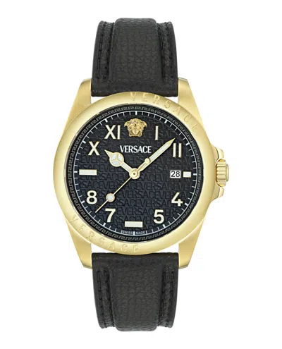 Versace Anteo Leather Watch In Black
