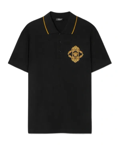 Versace Architectural Baroque-embroidered Polo Shirt In Black