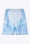 Versace Architectural Baroque Print Silk Shorts In Blue