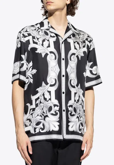 Versace Architectural Baroque Short-sleeved Silk Shirt In Black