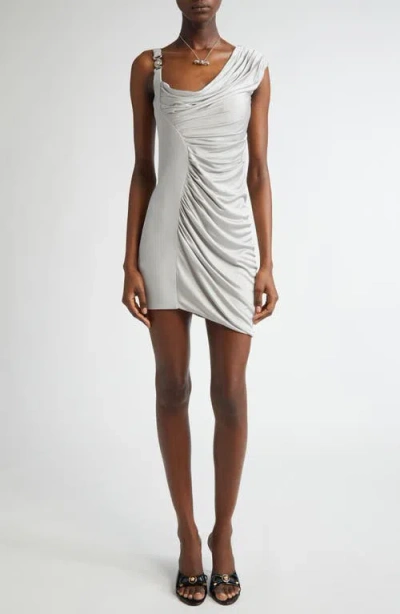 Versace Grey Draped Mini Dress With Medusa '95 Detail In Viscose Woman In Silver