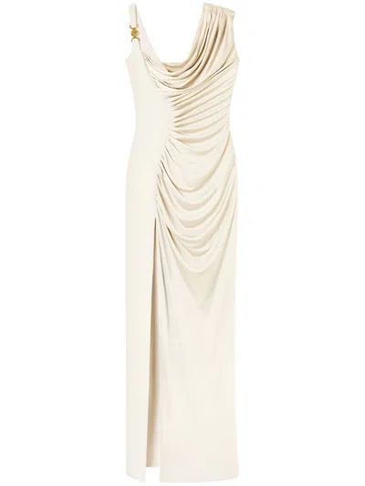 VERSACE VERSACE ASYMMETRIC DRAPED MEDUSA '95 DRESS WITH GOLD ACCENTS