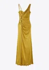 Versace Asymmetric Gathered Sleeveless Gown In Yellow