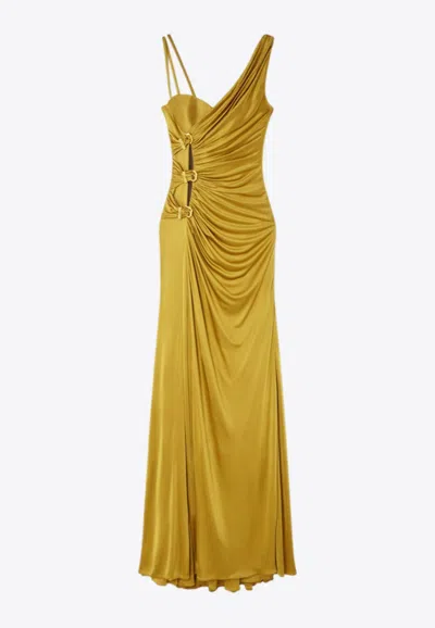 Versace Asymmetric Gathered Sleeveless Gown In Yellow
