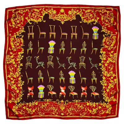 Pre-owned Versace Atelier  By Gianni Silk Square Chair Printed Scarf In Red