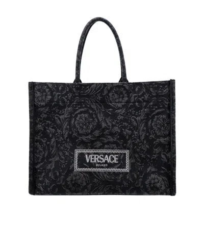 Versace Athena Barocco Jacquard Large Tote Bag In Black