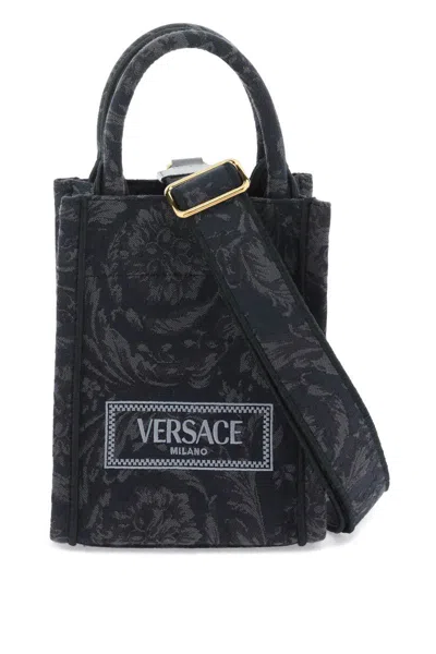 Versace Barocco Athena Mini Canvas Tote In Black Black  Gold (black)