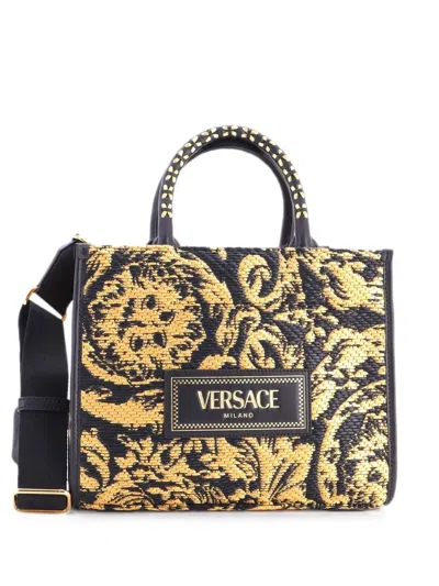 Pre-owned Versace Athena Barocco Raffia Small Tote Bag In Black