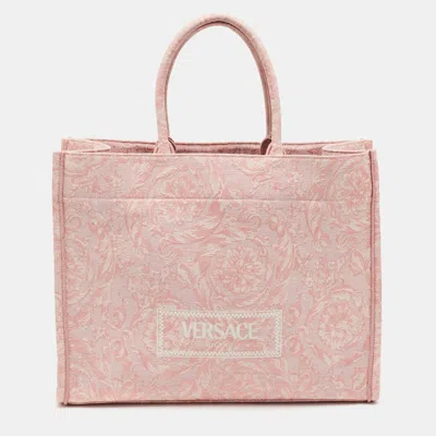 Pre-owned Versace Athena Baroccoo Pink/white Jacquard Canvas Tote
