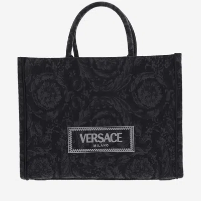 Versace Athena Canvas Tote Bag In Black