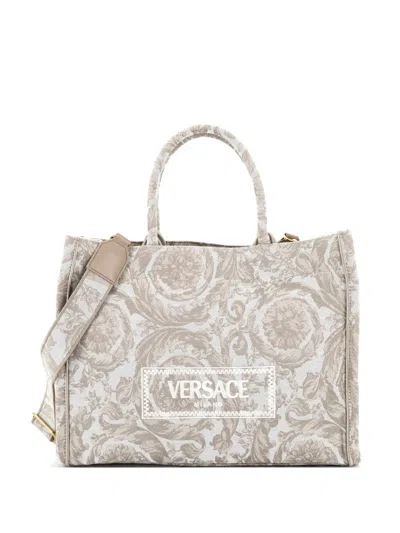 Pre-owned Versace Athena Convertible Barocco Jacquard Medium Tote Bag In Neutral