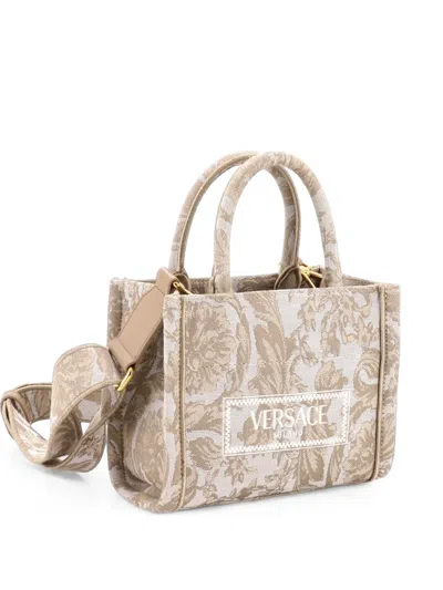 Pre-owned Versace Athena Convertible Barocco Jacquard Small Tote Bag In Neutrals