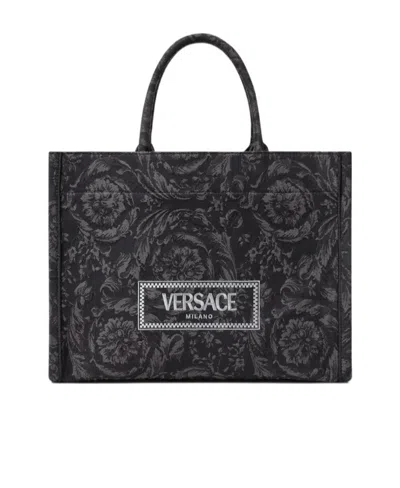 Versace Athena Logo Embroidered Tote Bag In Black