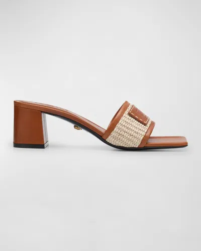 Versace Athena Woven Logo Mule Sandals In 2kj8v-natural  Ambrer- Gold