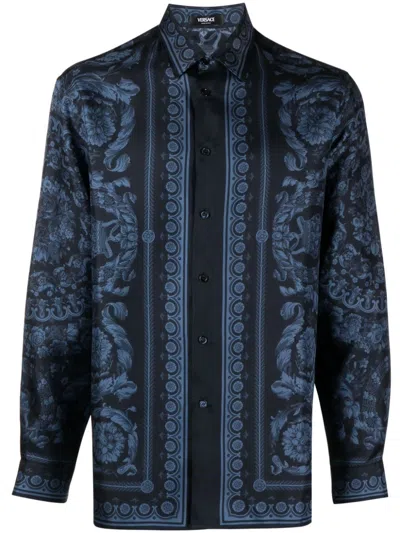 Versace Authentic Blue Baroque Print Silk Shirt For Men