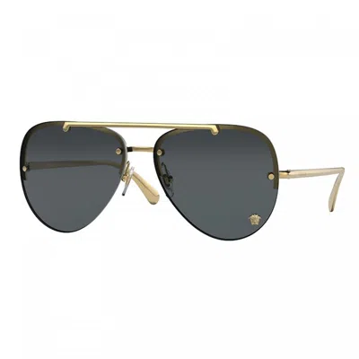 Versace Aviator Rimless, With A Gold Frame And Dark Grey Lens.