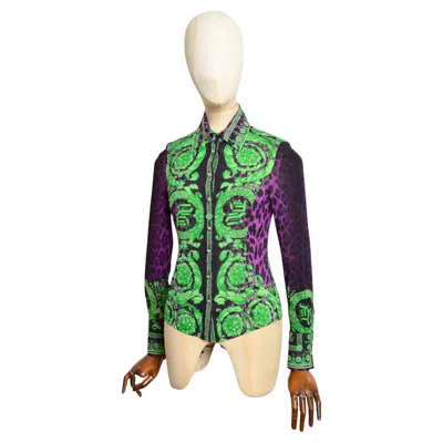 Pre-owned Versace A/w 2004 - 2005 Donatella  Runway Purple Green Baroque Silk Rococo Shirt