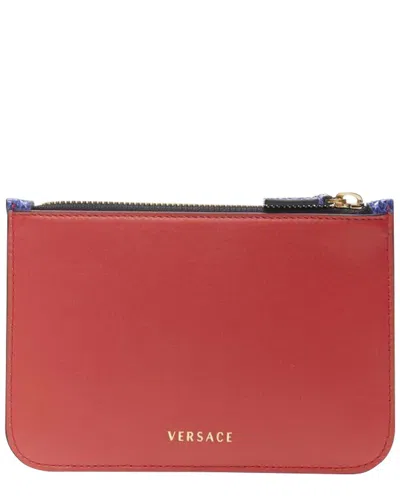 Versace Ayers Scaled Leather Medusa Stud Bordered Top Zip Pouch Case In Red