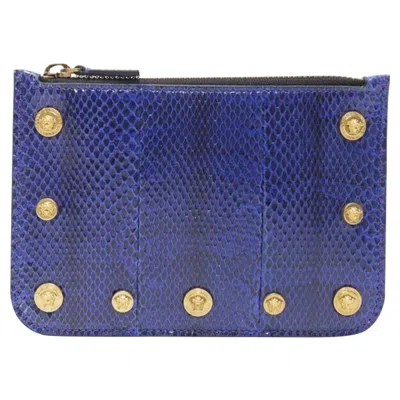 Versace Ayers Scaled Leather Medusa Stud Bordered Top Zip Pouch Case In Blue