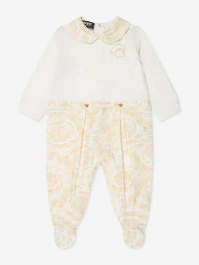 Versace Ivory & Beige Cotton Barocco Babygrow In White