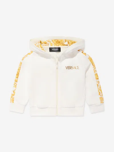 Versace Babies' Barocco 印花拉链连帽衫 In White
