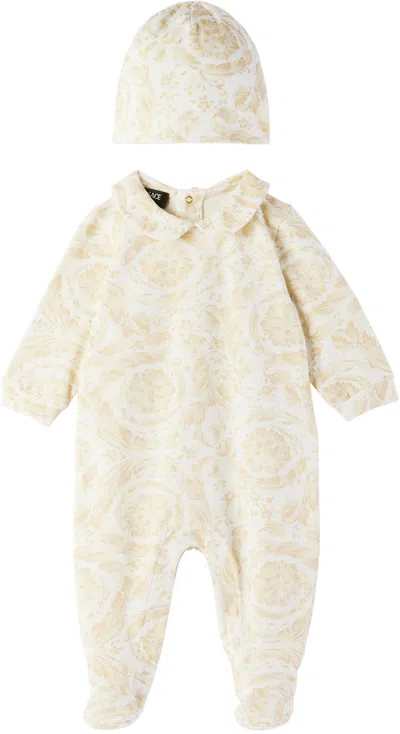 Versace Baby Beige Barocco Jumpsuit & Beanie Set In 5w460-white+beige