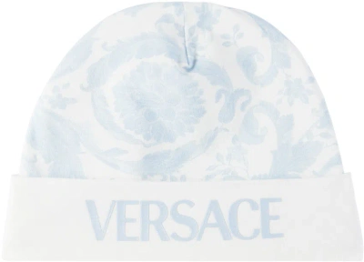 Versace Baby Blue Barocco Beanie In Bianco+ Blue