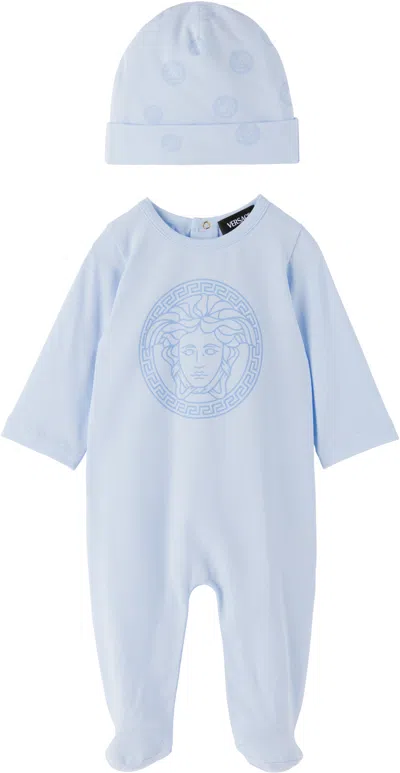 Versace Baby Blue Printed Cotton-jersey Sleepsuit Set