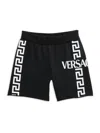 Versace Black Bermuda Shorts With White Greca Print And Logo Kids In Black White