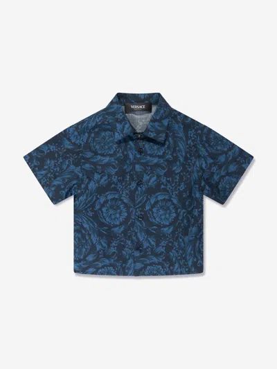 Versace Babies' Barocco 印花棉衬衫 In Blue