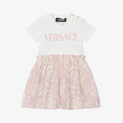 Versace Baby Girls Ivory & Pink Barocco Cotton Dress In Multi