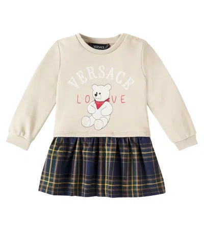 Versace Baby Logo Checked Cotton Sweater Dress In Beige