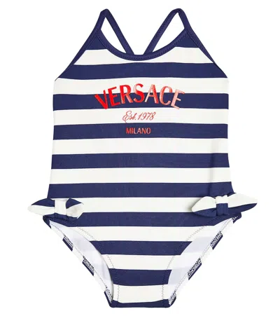 Versace Baby Logo Striped Swimsuit In Multicoloured
