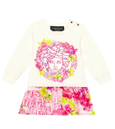 Versace Baby Medusa Cotton-blend Dress In Bianco+bianco+multicolor