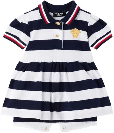 Versace Babies' Nautical Stripe Ruffled Cotton Dress In Blunavy
