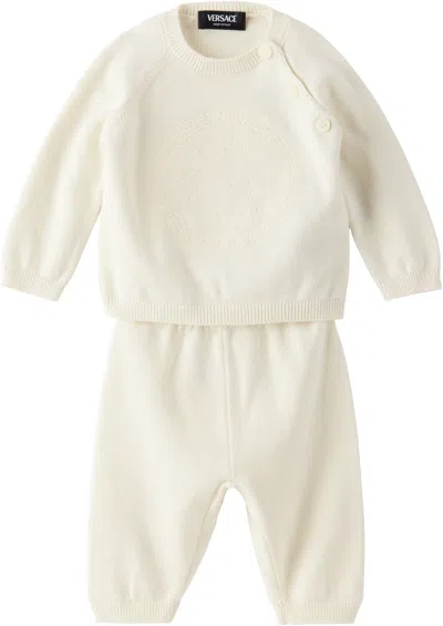 Versace Baby Off-white Embroidered Medusa Sweater & Lounge Pants Set In 1w470-ivory