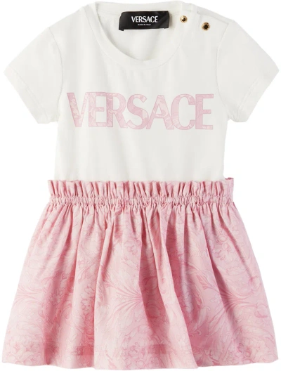Versace Baby Pink Barocco Dress In Bianco+rosa