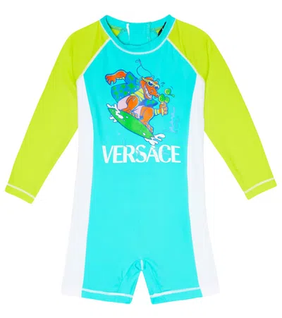 Versace Baby Printed Rashguard Swimsuit In Acid Lime+bianco+fresh Mint