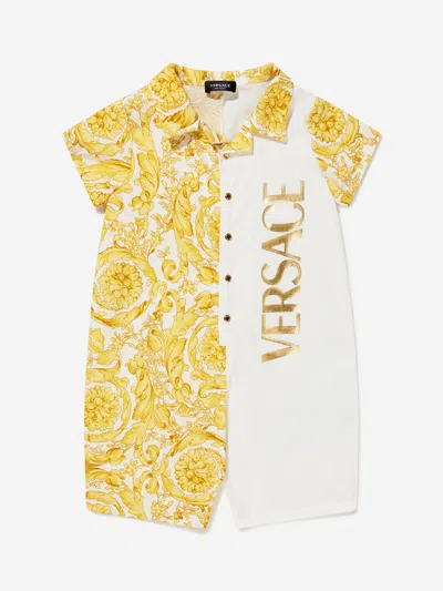 Versace Babies' Barocco 印花拼接连体短裤 In White