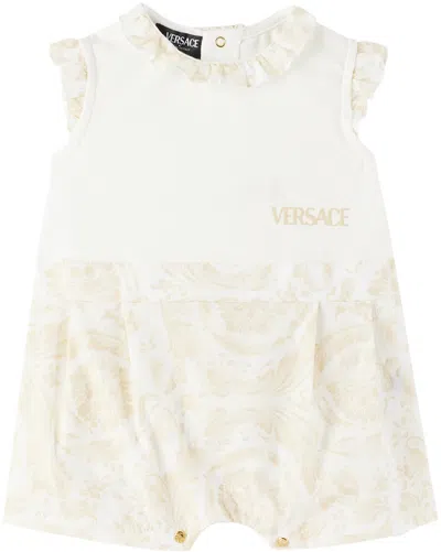 Versace Baby White & Beige Barocco Romper In Bianco+beige